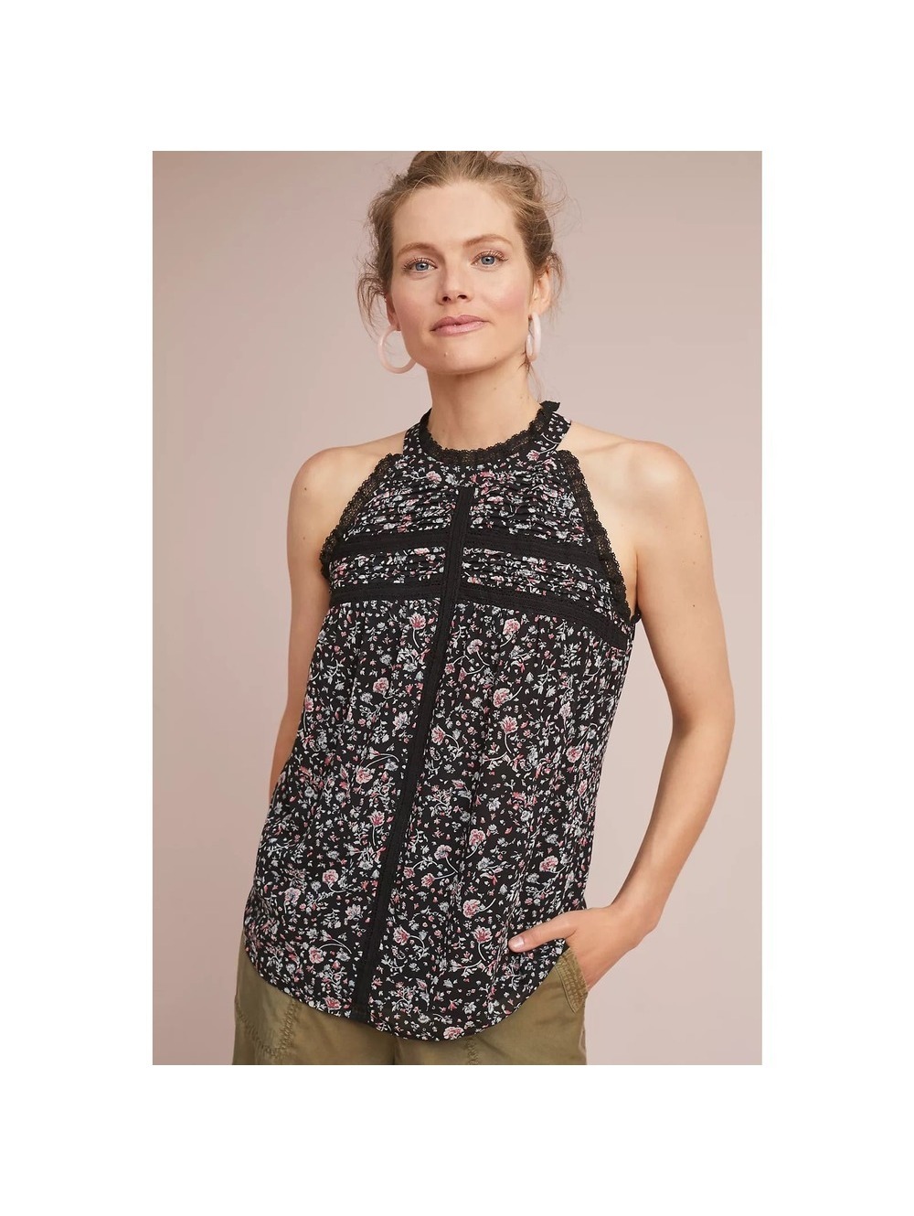Anthropologie Maeve Ashley Ruffled Blouse Size XS Black White Pink Floral Lace